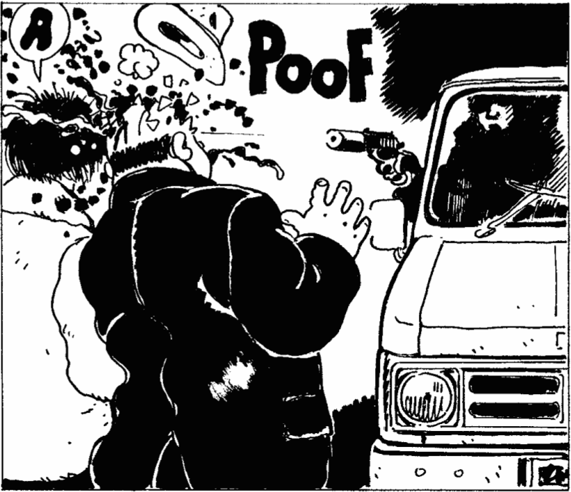 A panel from Jacques Tardi's comics adaptation of Jean-Patrick Manchette's Like a Sniper Lining Up His Shot. Another Tardi adaptation of Manchette, Run Like Crazy Run Like Hell, will be published by Fantagraphics in August.