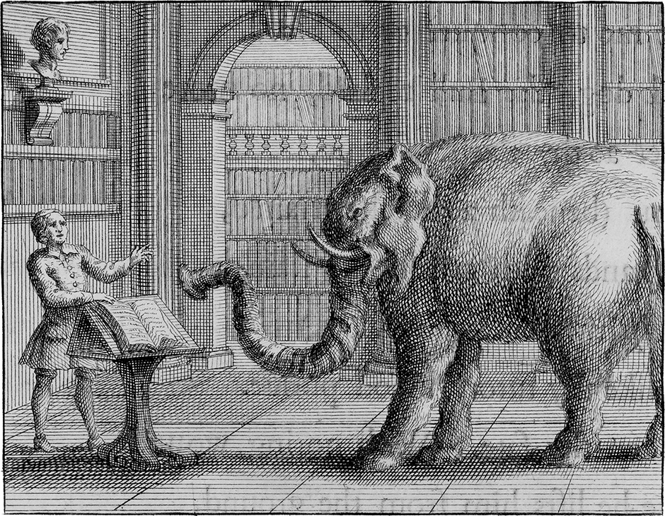 ‘The Elephant and the Bookseller’; eighteenth-century engraving from the exhibition ‘William Kent: Designing Georgian Britain,’ organized by the Bard Graduate Center and on view at the Victoria and Albert Museum, London, until July 13, 2014. The catalog is edited by Susan Weber and published by Yale University Press.