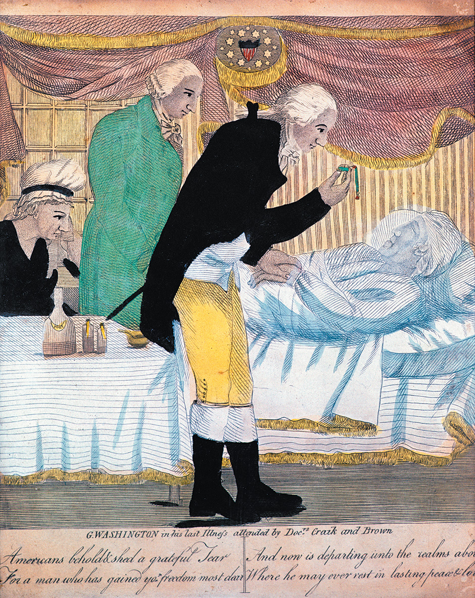 ‘George Washington in His Last Illness, Attended by Doctors Craik and Brown’; colored engraving, 1799