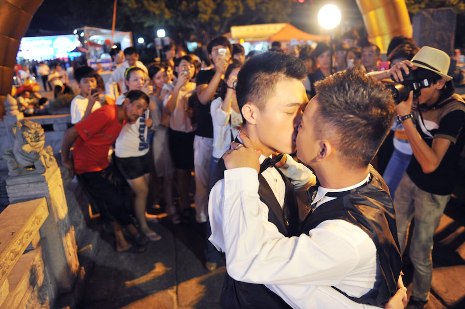 Gay couple Lu Zhong, 24, and Liu Wangqiang, 20, during a wedding photo shoot, Fujian province, China, September 2012