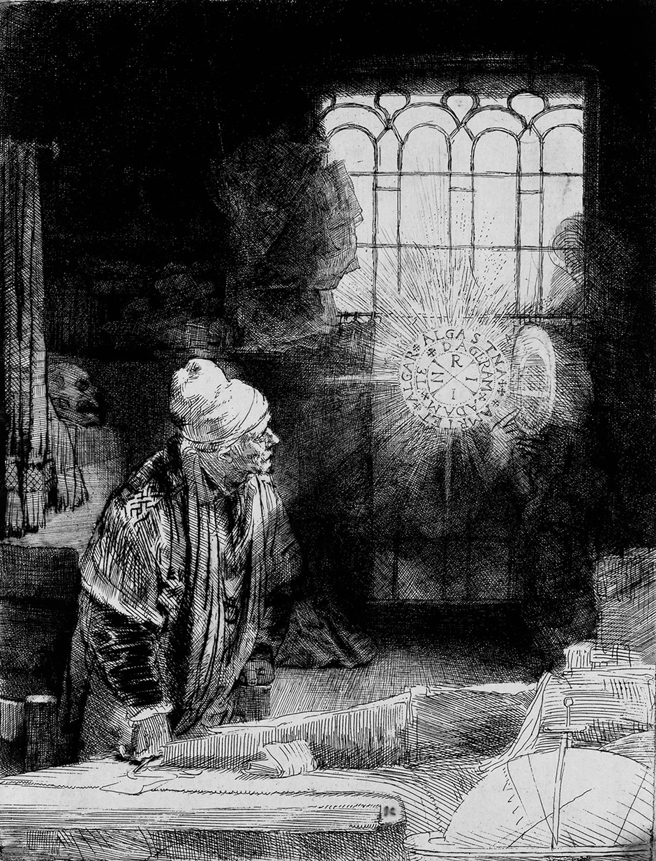 ‘Faust’; etching by Rembrandt, circa 1652