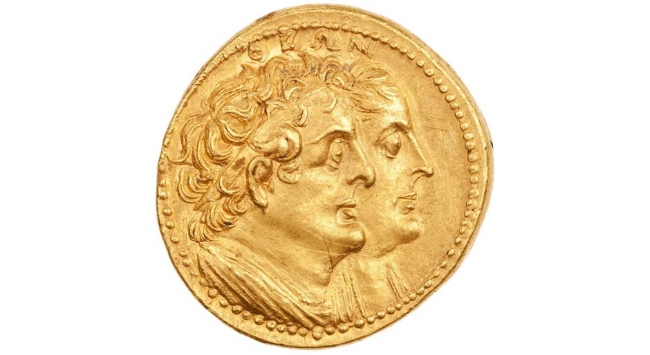 Octadrachm, reverse: jugate portrait of Ptolemy I and Berenice I, Alexandria, 260–240 BCE
