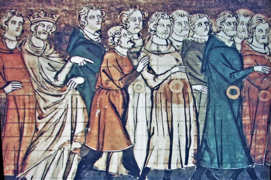 A miniature depicting the expulsion of Jews from France. The Jews are not shown with hooked noses, however. The hook-nosed man is a royal sergeant, whose gross features indicate his low social status. From the Grandes Chroniques de France, 1182