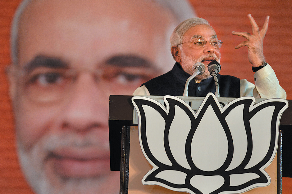 Narendra Modi, then chief minister of Gujarat, at a meeting of the national council of the right-wing Bharatiya Janata Party (BJP), Delhi, January 2014. He was elected prime minister of India in May 2014.