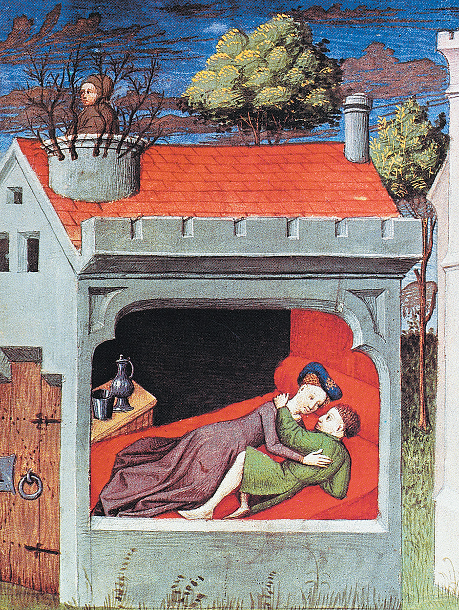 A Flemish miniature from a French translation of Boccaccio’s Decameron, circa 1430. The fourth day of the ­Decameron includes the story of Ghismunda, the daughter of  Prince Tancredi of Salerno. Ghismunda fell in love with Guiscardo, a virtuous but humble valet in Tancredi’s court, and the two began meeting secretly in her bedroom. When ­Tancredi found them together (here he is shown spying from the chimney), he had Guiscardo killed and his heart sent to Ghismunda in a golden chalice. Realizing what her father had done, she poured poison into the cup, drank the concoction, and died.