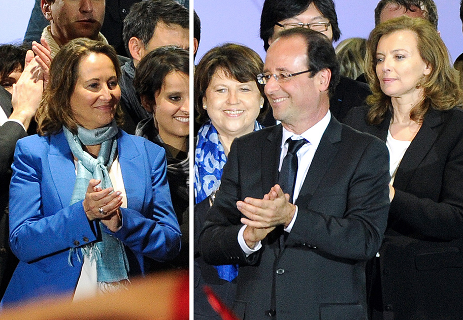 Ségolène Royal, François Hollande, and Valérie Trierweiler just after Hollande’s presidential election victory was announced, Paris, May 2012