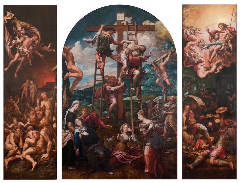 'Descent from the Cross'; triptych by Pieter Coecke van Aelst, circa 1540-1545, central panel 8 feet 7 1/8 inches x 5 feet 7 3/4 inches; left and right wings each 8 feet 11 7/8 inches x 2 feet 9 1/8 inches 