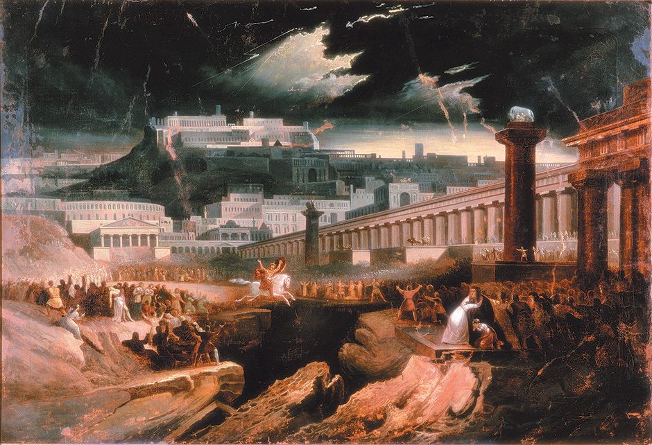 ‘Marcus Curtius’; after John Martin, circa 1827. According to the historian Livy, when a chasm opened up in the Forum in 362 BC and an oracle declared that Rome could endure only by casting its greatest strength into it, the soldier Marcus Curtius said that its greatest strength was arms and valor and rode his horse into the chasm, saving the city.