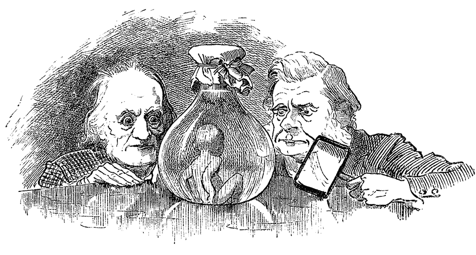 Scientists Richard Owen and Thomas Henry Huxley studying a water-baby in a flask; illustration designed by Linley Sambourne and engraved by Joseph Swain, from Charles Kingsley’s The Water-Babies: A Fairy Tale for a Land-Baby, 1885