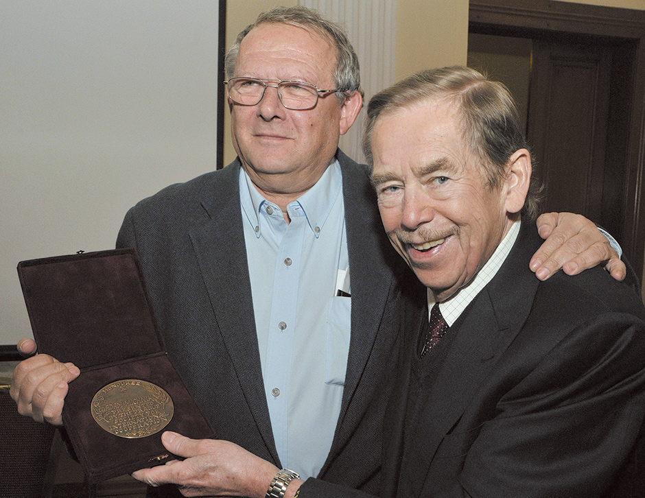Adam Michnik receiving the 2010 Hanno R. Ellenbogen Citizenship Award for public service from Václav Havel, Prague, Czech Republic, January 2011