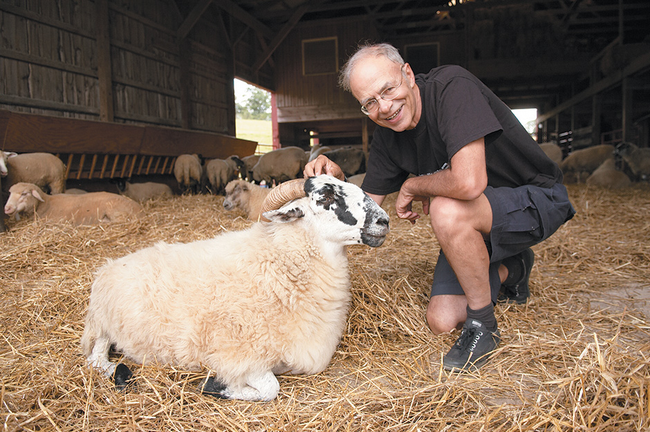 Peter Singer at Farm Sanctuary, a shelter for rescued farm animals, Watkins Glen, New York, 2006