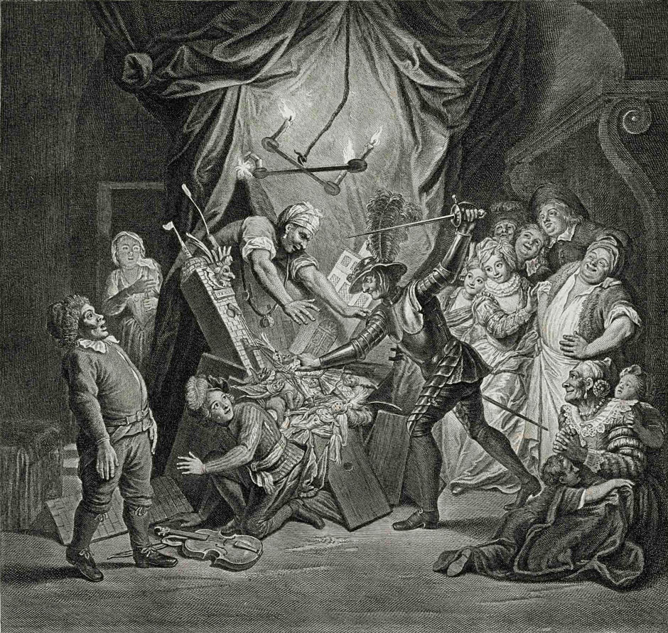 François de Poilly the Younger after Charles Coypel: Don Quixote Mistakes Puppets for Moors and Believes He Is Rescuing Two Runaway Lovers, 1723 (click images to enlarge)