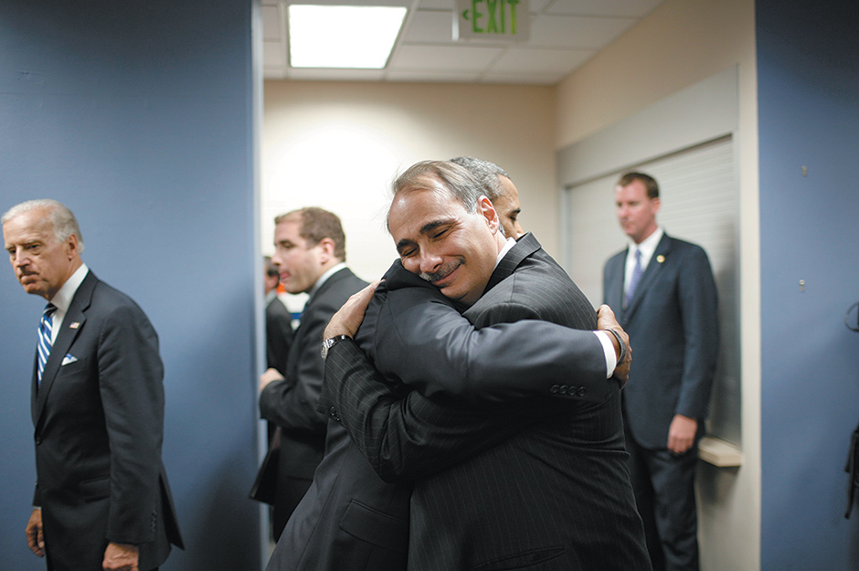 Presidential candidate Barack Obama and his chief campaign strategist, David Axelrod, at the Democratic National Convention, Denver, August 2008. Joe Biden is at left.