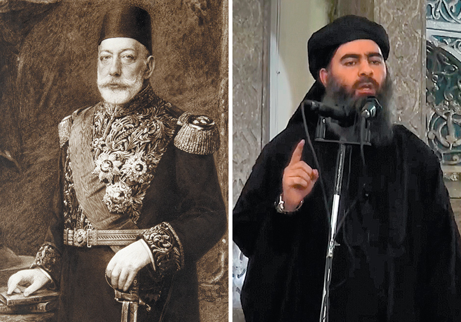 The two caliphs: Mehmet Reshad of the Ottoman Empire, circa 1917, and Abu Bakr al-Baghdadi of ISIS, July 2014