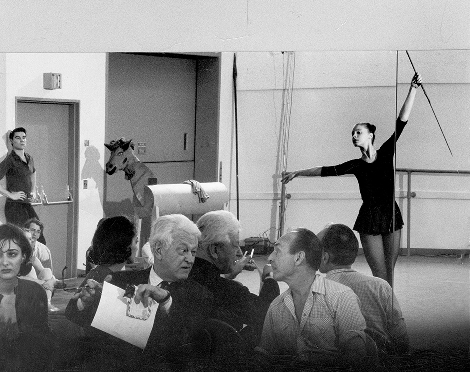 George Balanchine (right) and the composer Nicolas Nabokov at a rehearsal of Don Quixote, with Suzanne Farrell dancing in the mirror, 1965