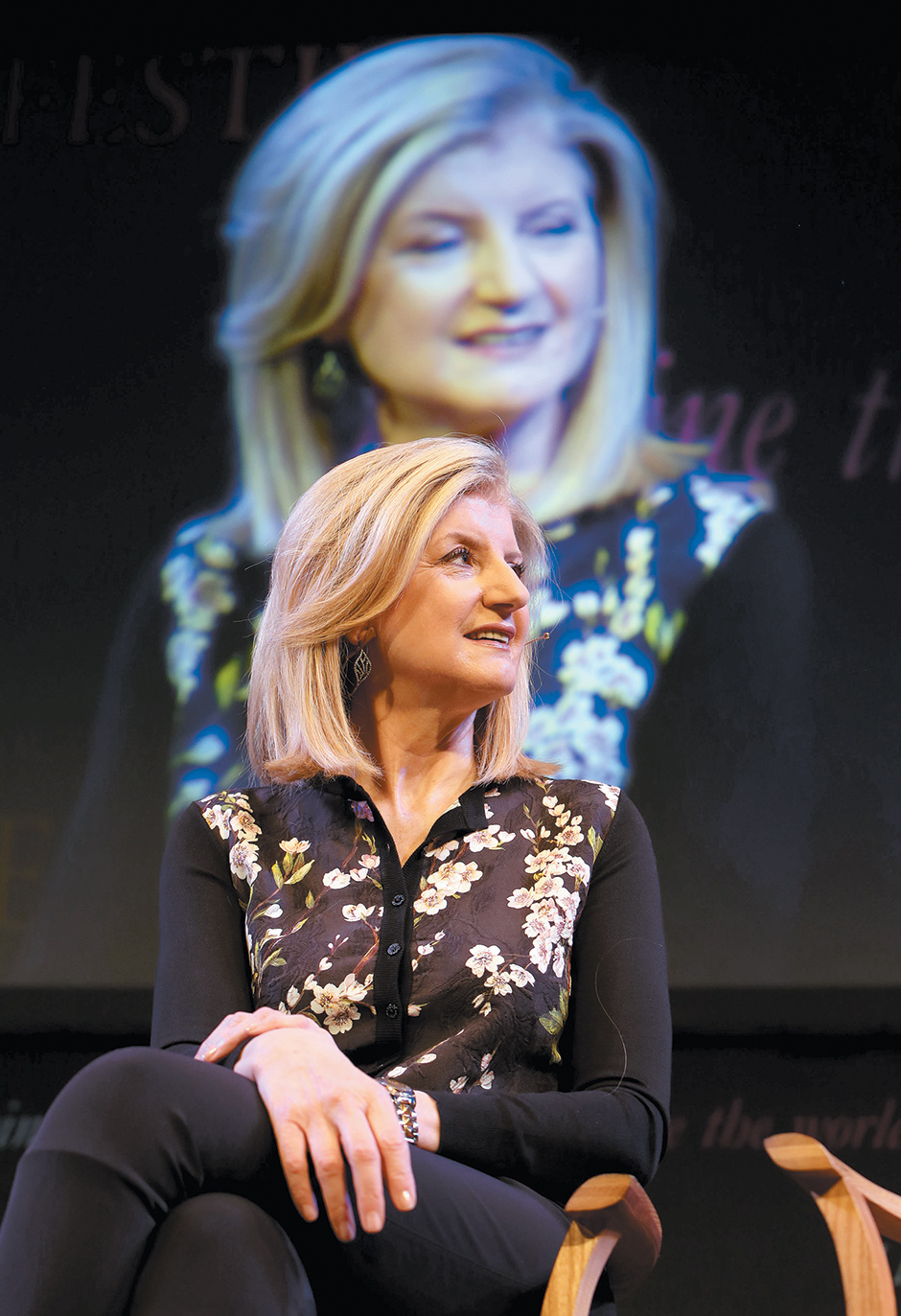 Arianna Huffington, editor in chief of The Huffington Post, talking about the baby boom generation at the Hay Festival, Hay-on-Wye, Wales, June 2014