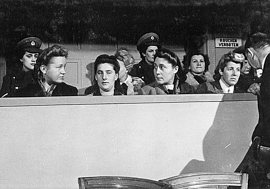 Ravensbrück guards Dorothea Binz, Margarete Mewes, Grete Bösel, Vera Salvequart (‘Dr. Vera,’ in the row behind, who worked as a ‘nurse’), and Eugenia von Skene on trial at the War Crimes Court in Hamburg, circa December 1946