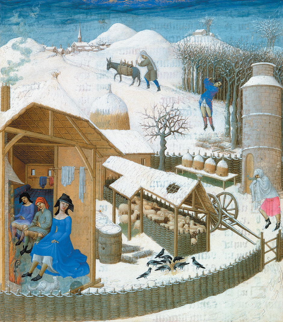 A country household in winter representing the month of February in the duke of Berry’s Book of Hours, by the Limbourg brothers, circa 1412–1416