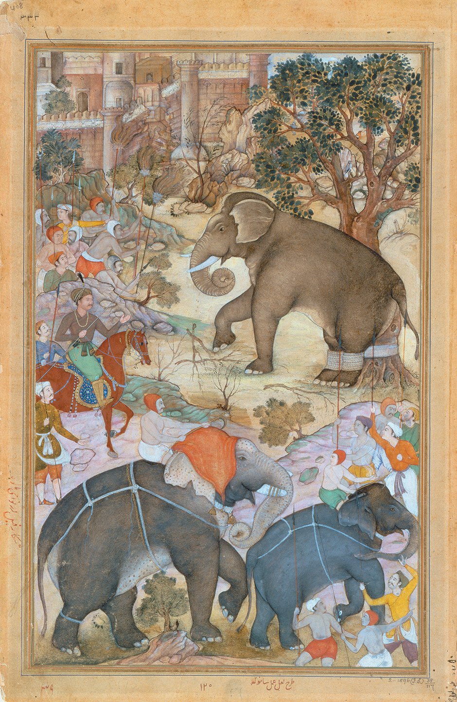 ‘Akbar Inspects the Capture of a Wild Elephant’; illustration from Abu’l-Fazl’s History of Akbar, circa 1590