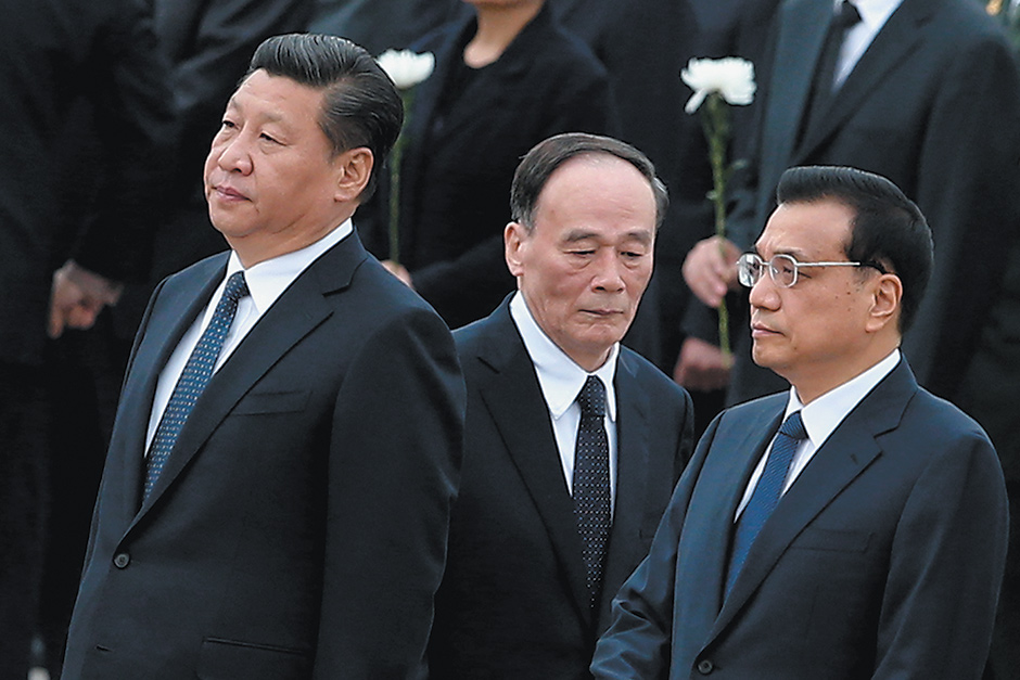 President Xi Jinping, Central Discipline Inspection Committee Secretary Wang Qishan, and Premier Li Keqiang, Tiananamen Square, Beijing, September 2014
