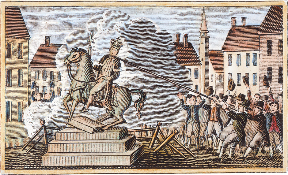 An 1829 engraving of the Sons of Liberty pulling down a statue of King George III at the Bowling Green, New York, in July 1776