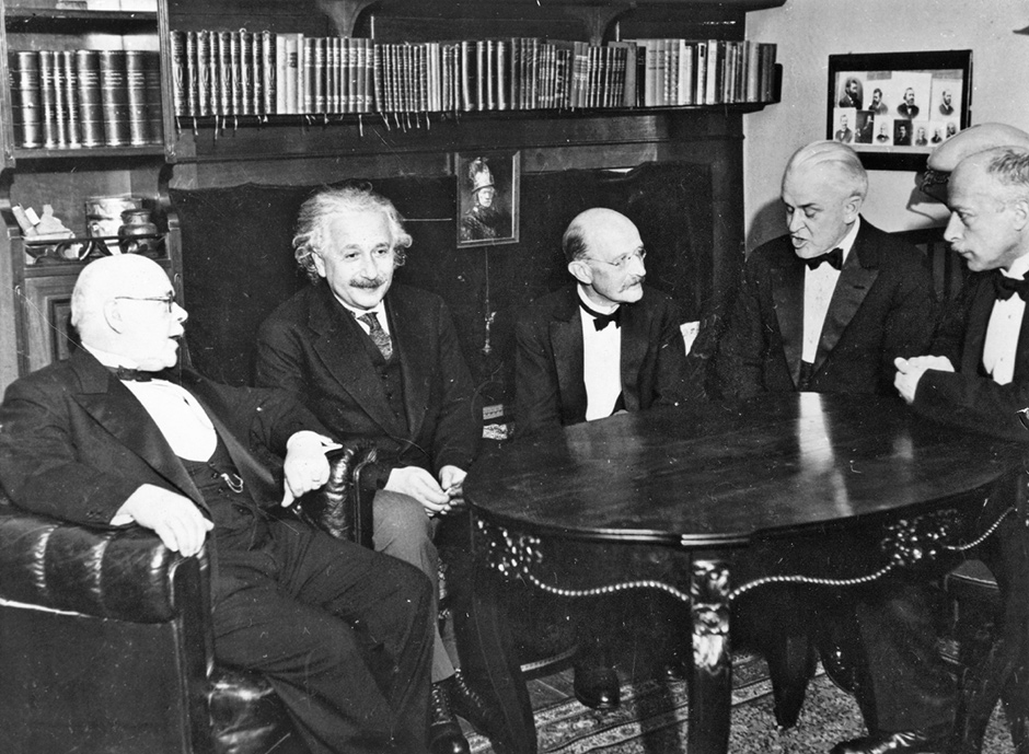 Max Planck, center, with Walther Nernst, Albert Einstein, Robert Andrews Millikan, and Max Laue, all physicists and winners of the Nobel Prize, Berlin, 1928