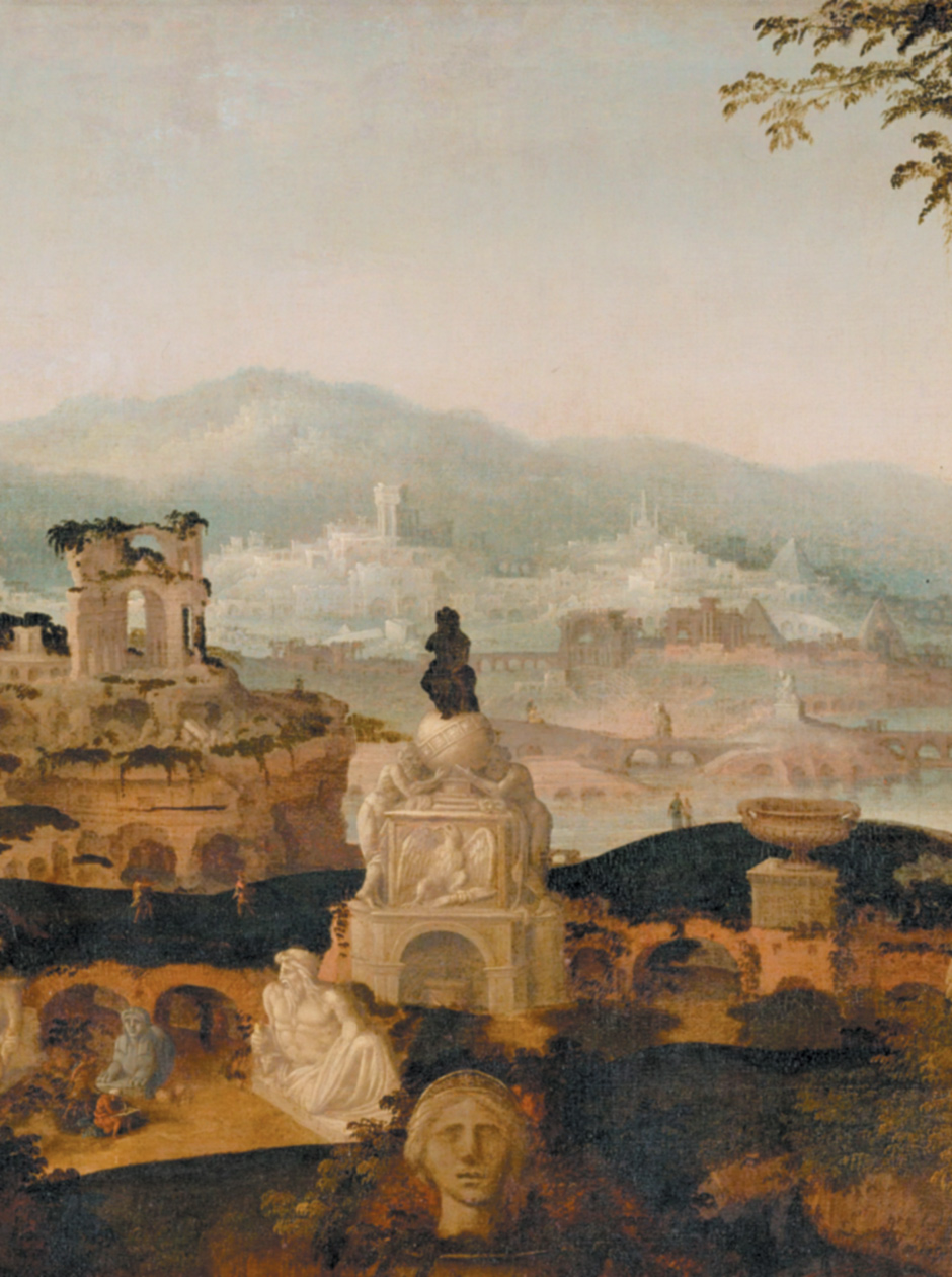 ‘Landscape with Roman Ruins’; detail of a painting by Herman Posthumus, 1536