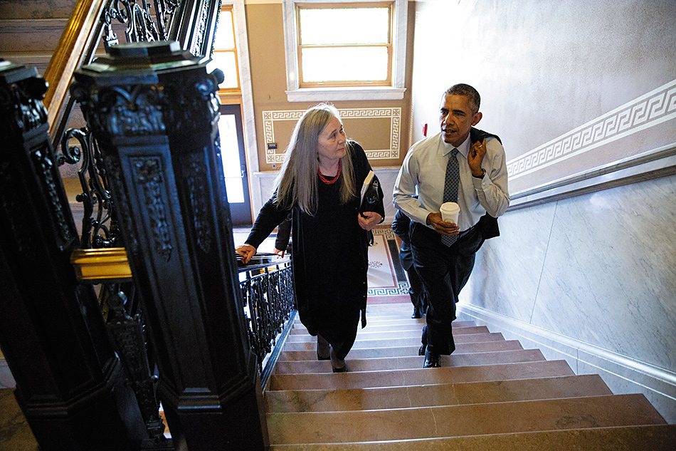 President Obama and Marilynne Robinson at the Iowa State Library, Des Moines, September 2015