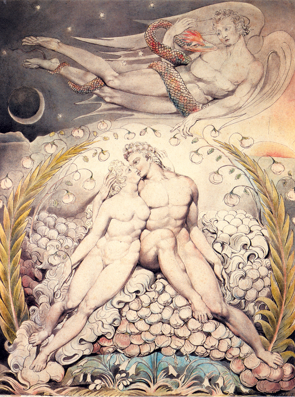 ‘Satan Watching the Caresses of Adam and Eve’; watercolor by William Blake for John Milton’s Paradise Lost, 1808