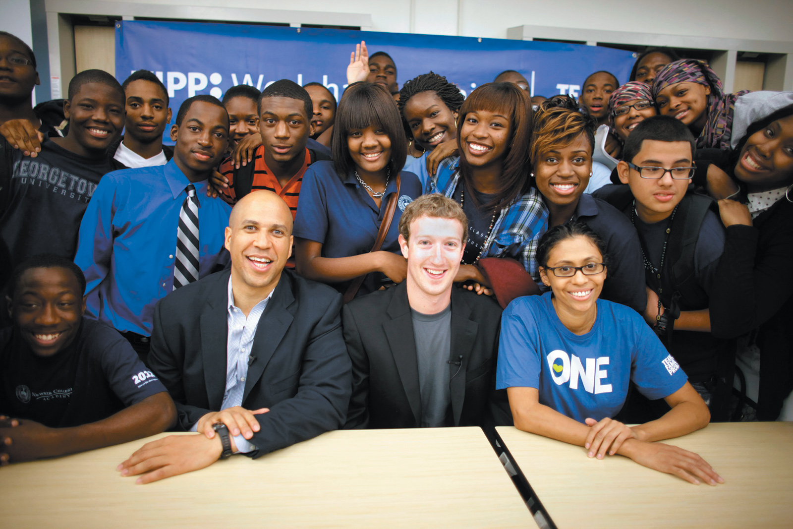 Cory Booker, then mayor of Newark, and Facebook CEO Mark Zuckerberg with eleventh-grade math students at the KIPP Newark Collegiate Academy, a charter school, September 2010