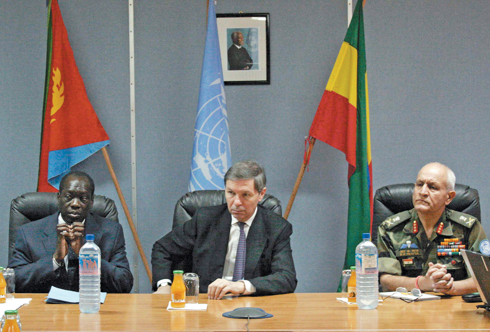 Jean-Marie Guéhenno (center), then the UN’s undersecretary-general for peacekeeping operations, at a meeting at the UN Mission in Ethiopia and Eritrea, with deputy special representative Joël Adechi and military adviser Major-General Randhir Kumar Mehta, Asmara, Eritrea, December 2005
