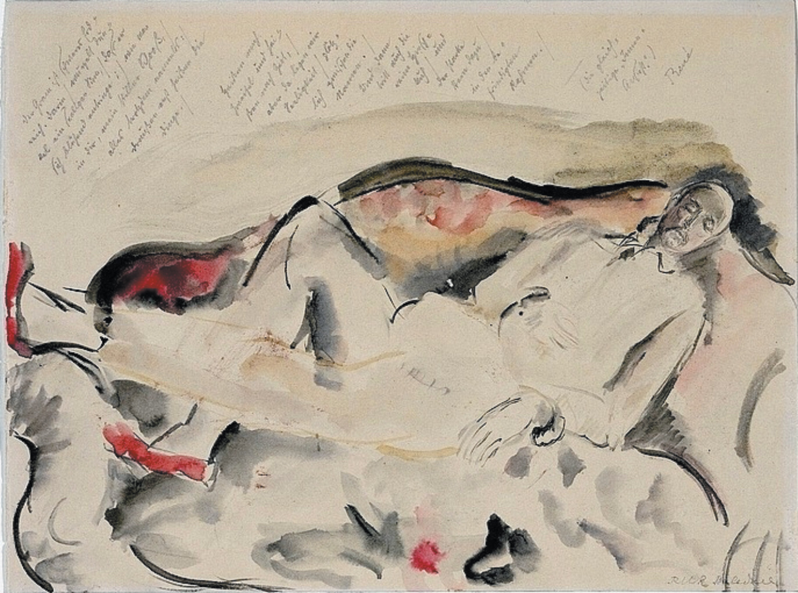 Baladine Klossowska: La Contemplation Intérieure (Rilke dormant sur un petit sofa à Muzot), 1921; watercolor portrait of Rainer Maria Rilke by his lover Klossowska, at the top of which he wrote a poem that is translated into English for the first time below.