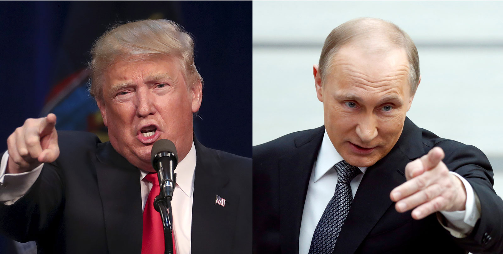 Donald Trump at a campaign rally, Syracuse, New York, April 16, 2016; Vladimir Putin at a meeting with journalists, Moscow, Russia, April 14, 2016