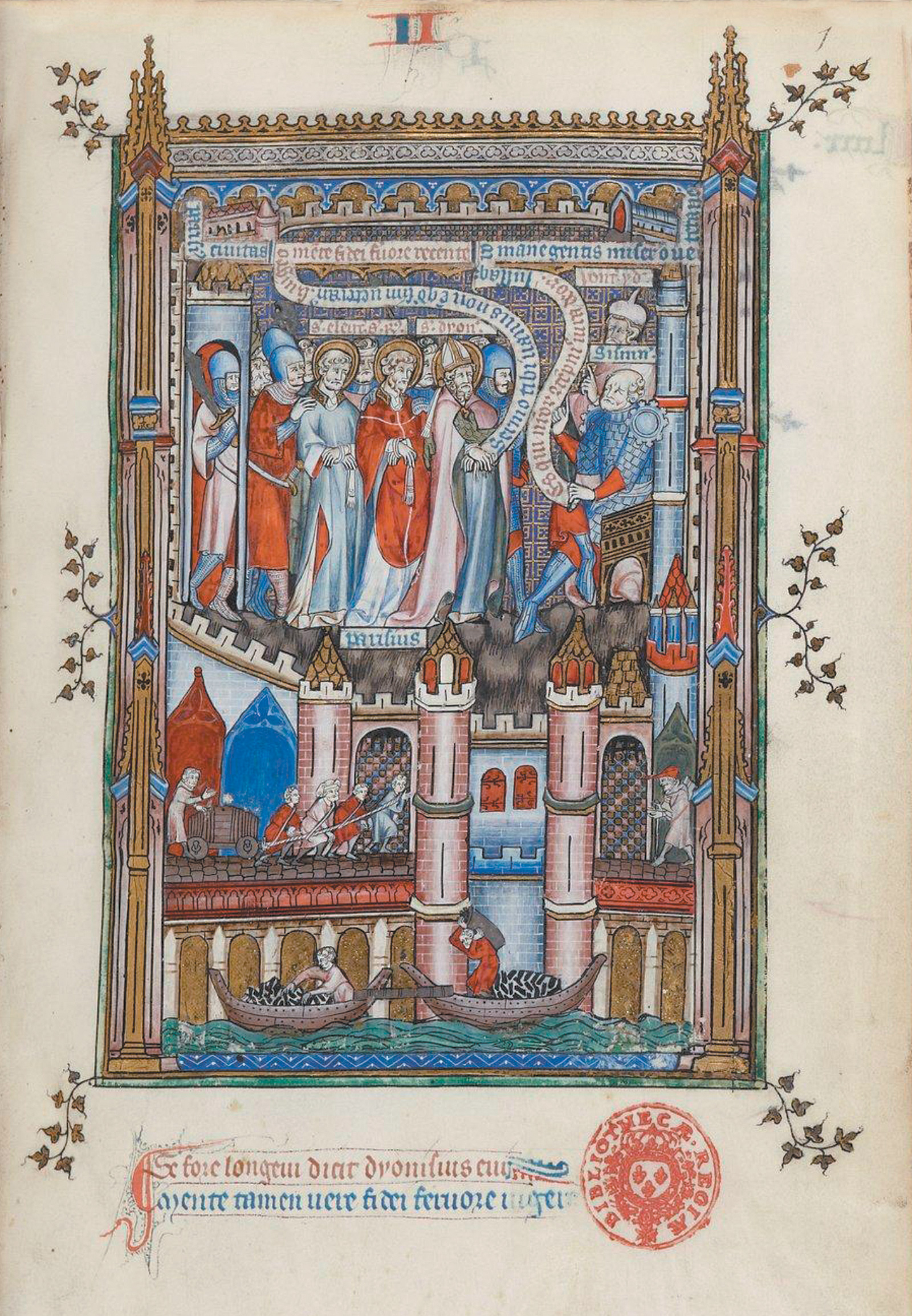 A page from La Vie de Saint Denys, an illuminated manuscript presented by Gilles de Pontoise, abbot of Saint-Denis, to King Philippe V in 1317. ‘Below large-scale representations of the saint’s preaching, trials, tortures, and death,’ Eamon Duffy writes, are ‘vivid vignettes of life along the Seine’: ‘diminutive townspeople shop or borrow from moneylenders, physicians inspect flasks of their patients’ urine, animals are driven to slaughter, millers stagger under sacks of corn, workmen trundle wheelbarrows, and boatmen row goods and passengers up and down the river.’