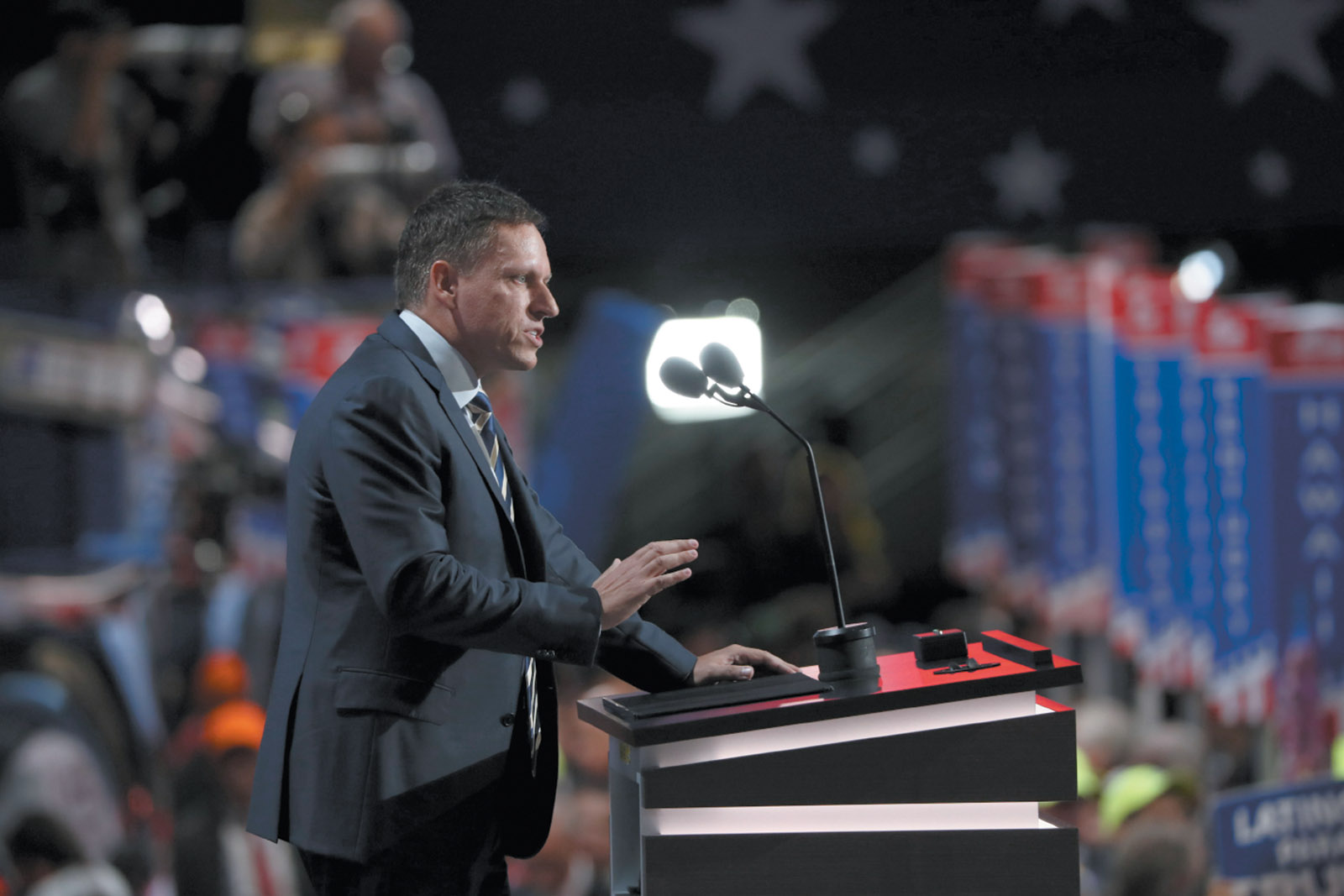 Peter Thiel speaking at the Republican National Convention, Cleveland, July 2016. Thiel, the first outside investor in Facebook and a cofounder of PayPal, is a founder of Palantir, a Silicon Valley firm funded by the CIA, whose algorithms allow for rapid analysis of voluminous data that it makes available to intelligence agencies and numerous police forces as well as to corporations and financial institutions.