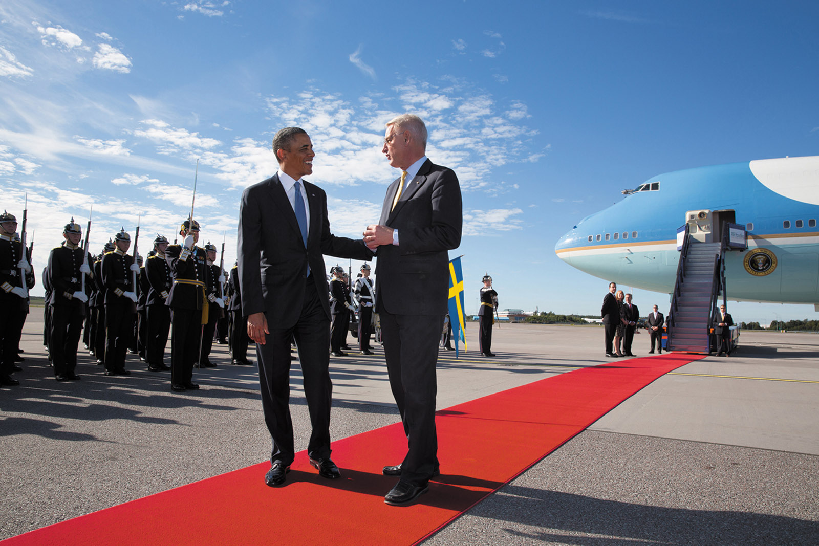 President Barack Obama with then Swedish Foreign Minister Carl Bildt at Stockholm Arlanda Airport, September 2013. At a joint press conference with then Swedish Prime Minister Fredrik Reinfeldt the same day, Obama discussed surveillance by the NSA.