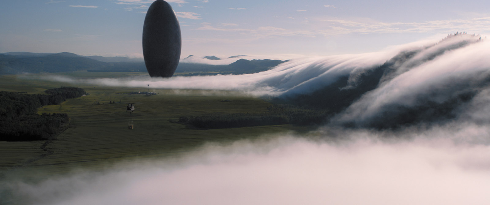 A giant alien spaceship that has landed in Montana in Arrival, Denis Villeneuve’s film adaptation of a story by Ted Chiang