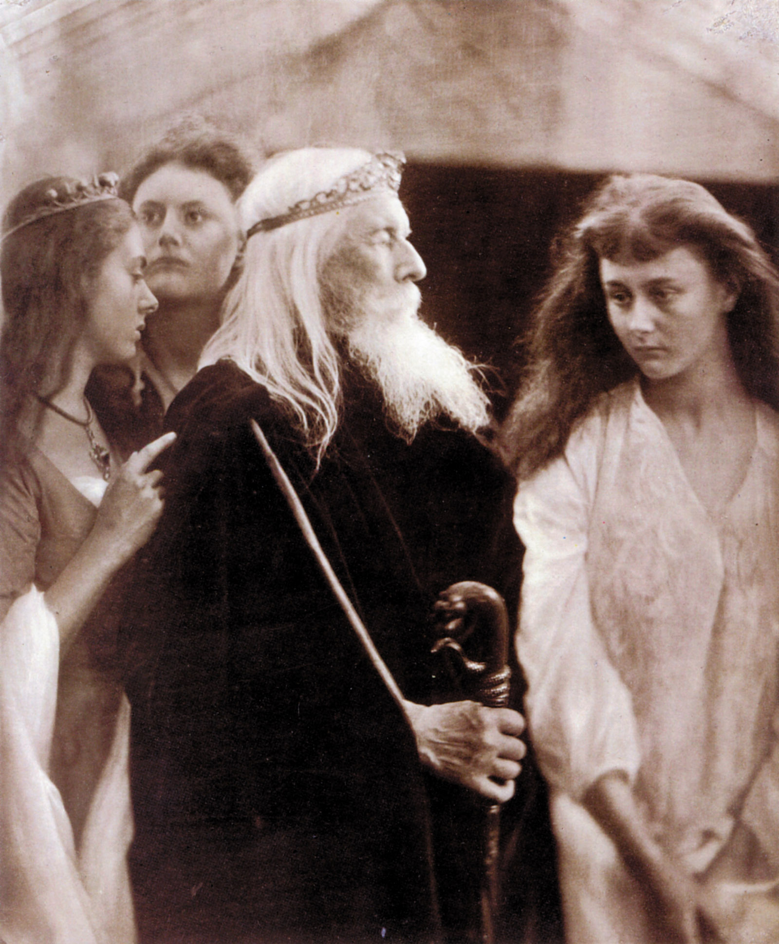 ‘King Lear Allotting His Kingdom to His Three Daughters’; photograph by Julia Margaret Cameron, 1872. From left are Lorina Liddell, Edith Liddell, Charles Hay Cameron, and Alice Liddell.
