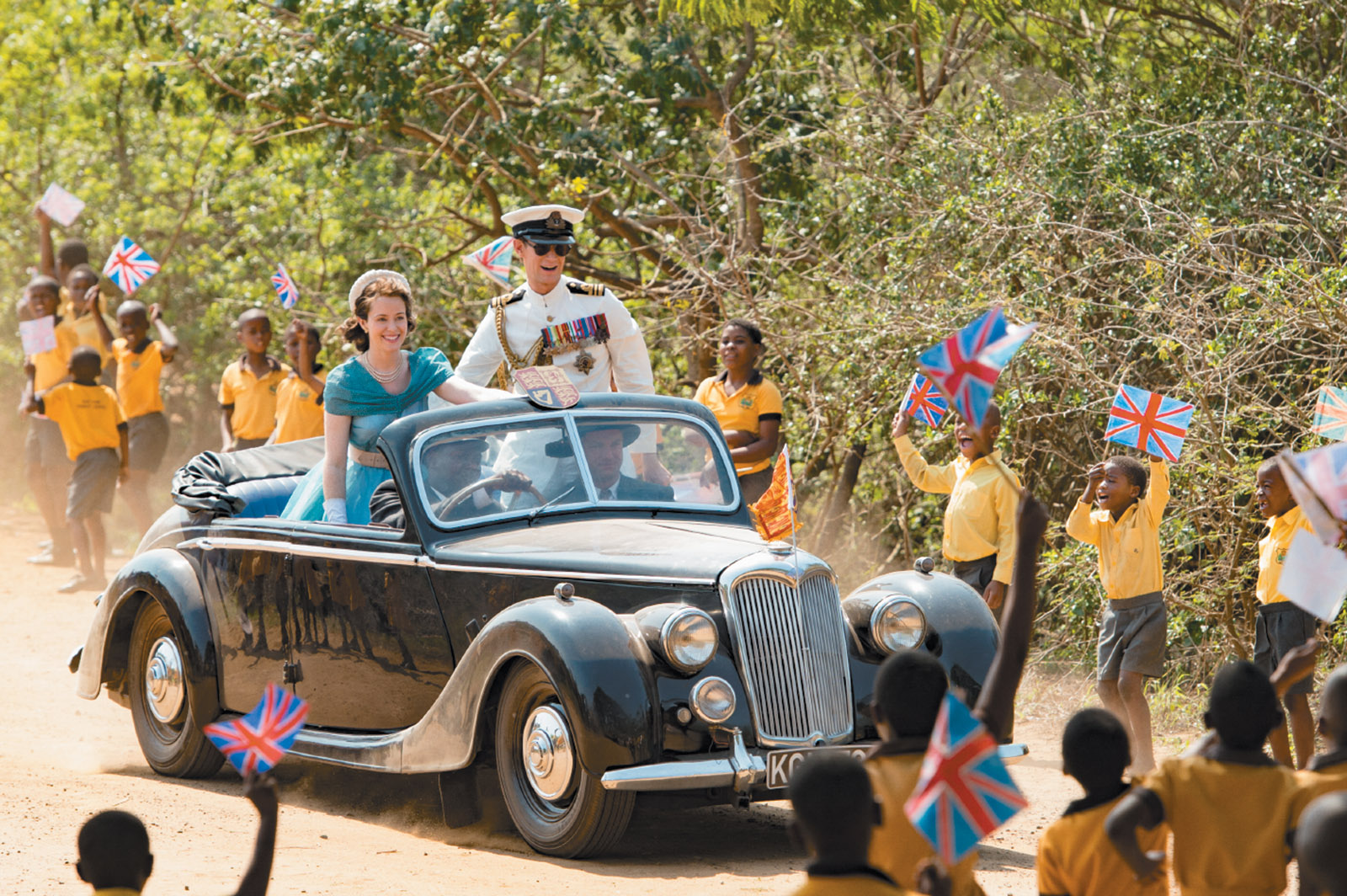 Claire Foy as Princess Elizabeth and Matt Smith as Prince Philip on a visit to Kenya in 1952, shortly before she became queen, in The Crown