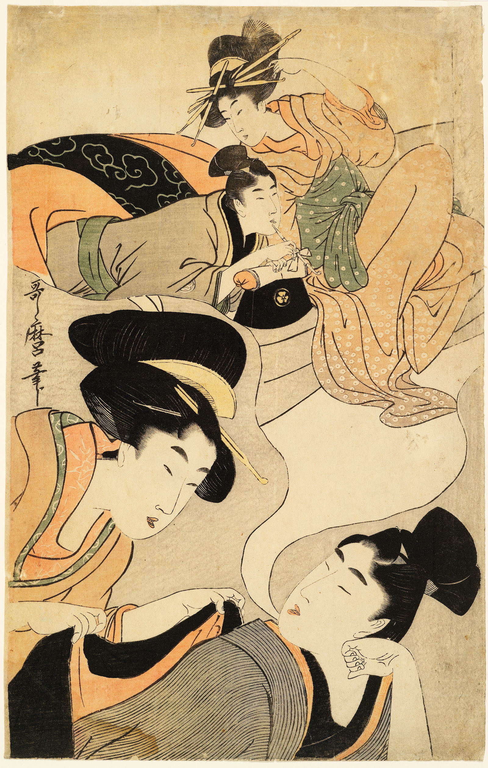 Kitagawa Utamaro: The Young Man’s Dream, from the series Profitable Visions in Daydreams of Glory, circa 1801–1802. In this woodcut, Ian Buruma writes, a wakashu,or ‘beautiful youth,’ is ‘dreaming of sleeping with a famous high-class courtesan (the dream is revealed in a cartoon-like bubble over his head), while a young woman solicitously wraps a jacket around his shoulders lest he catch a cold.’