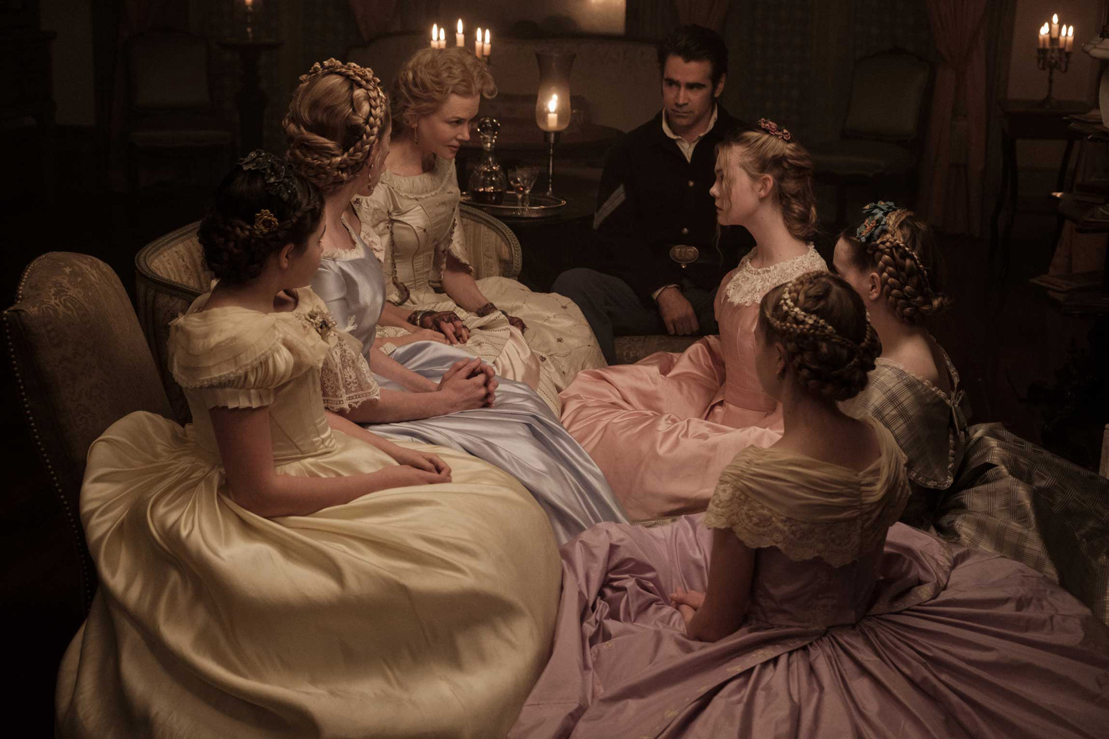 Nicole Kidman as Miss Martha, Colin Farrell as Corporal McBurney, Elle Fanning as Alicia, and others in Sofia Coppola's The Beguiled, 2017