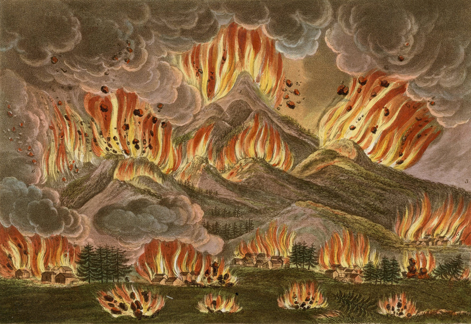 “Earthquake and Eruption of the Mountain of Asayama” in Japan in 1783, from an account by Isaac Titsingh, 1822