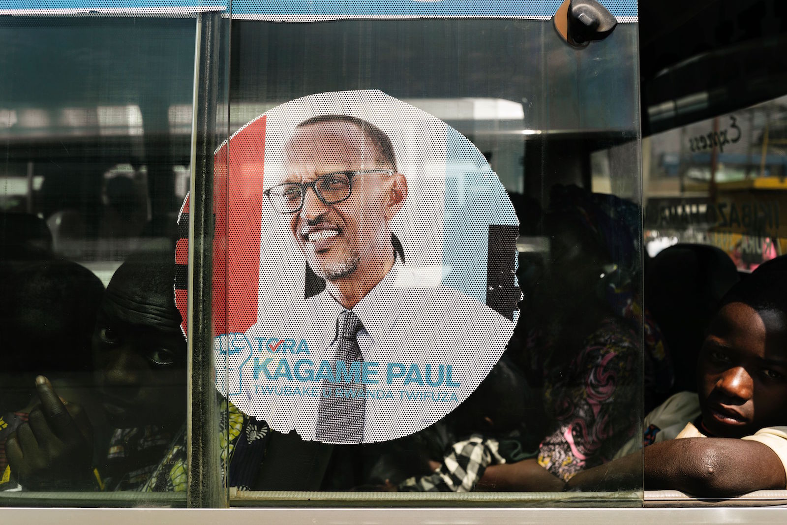 An image of Rwandan President Paul Kagame on the window of a bus, Kigali, Rwanda, July 30, 2017