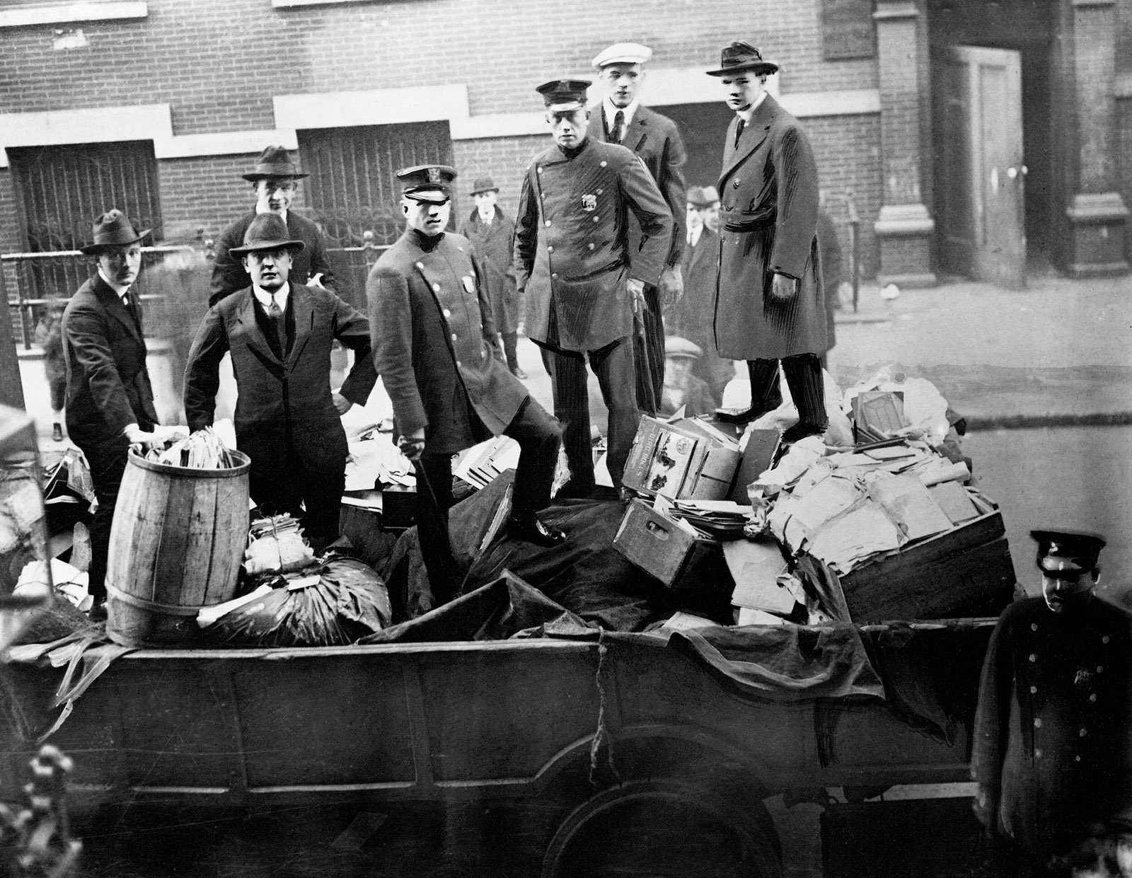 Boston police with seized radical literature, November 1919