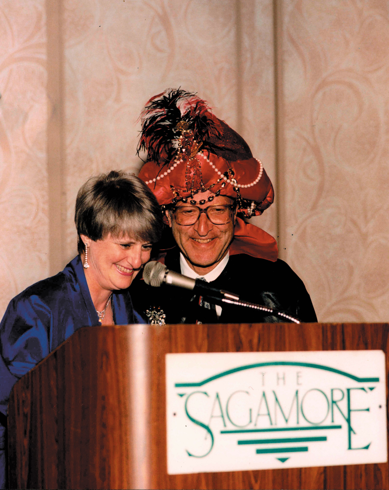 Judges Jon O. Newman and Denise Cote at the Second Circuit Judicial Conference in 1997, with Judge Newman impersonating Carnac the Magnificent, the character created by Johnny Carson on The Tonight Show