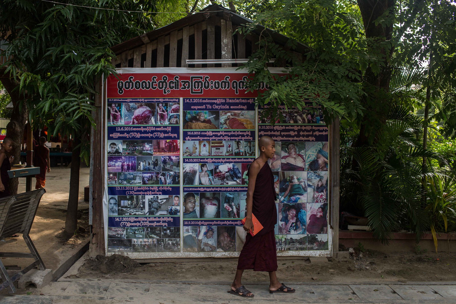 Propaganda depicting the alleged abuses of Buddhists by Muslims, displayed near the monastery of Ashin Wirathu, an anti-Muslim monk, Mandalay, Myanmar, May 31, 2017