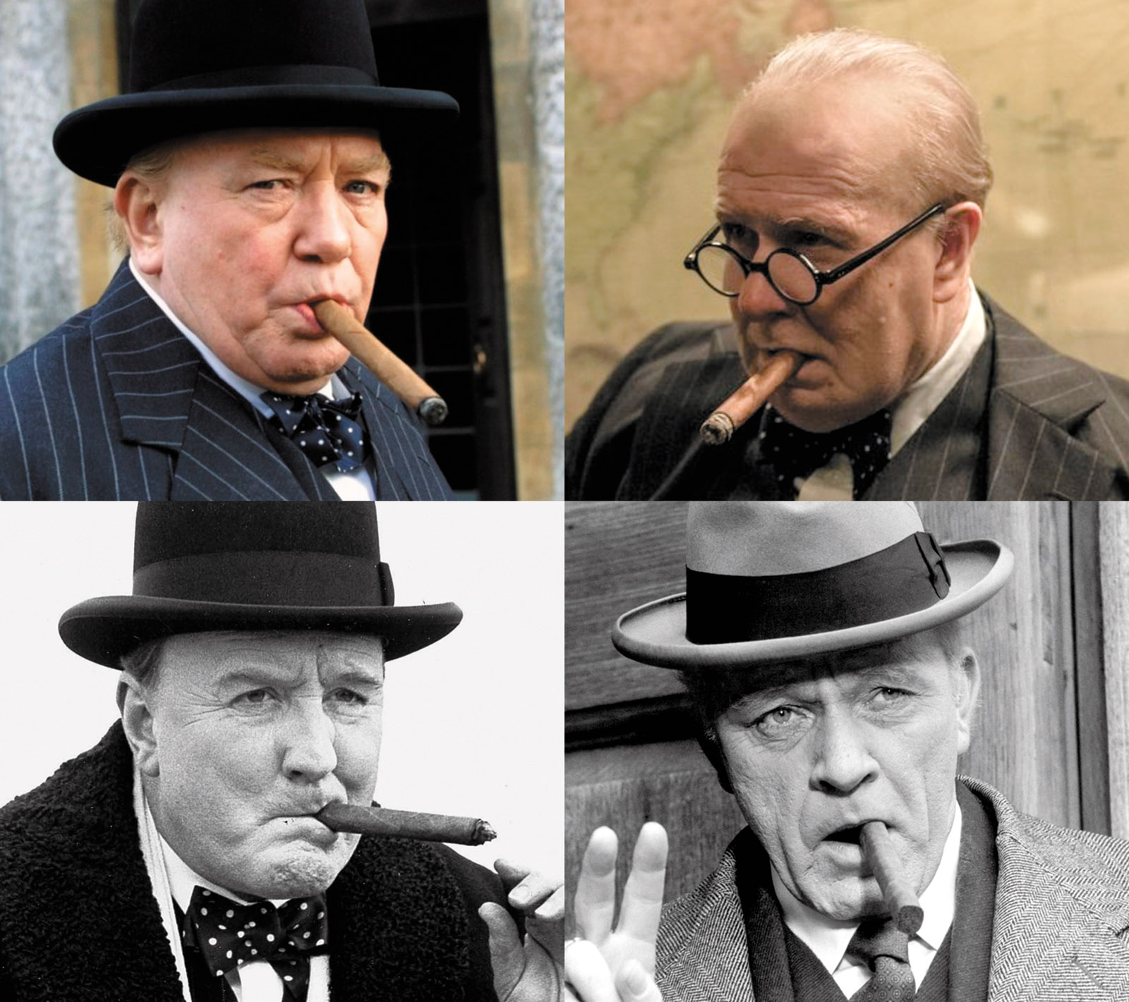 Four Churchills, clockwise from top left: Albert Finney in The Gathering Storm, 2002; Gary Oldman in Darkest Hour, 2017; Richard Burton in Walk With Destiny, 1974; and Robert Hardy in The Wilderness Years, 1981