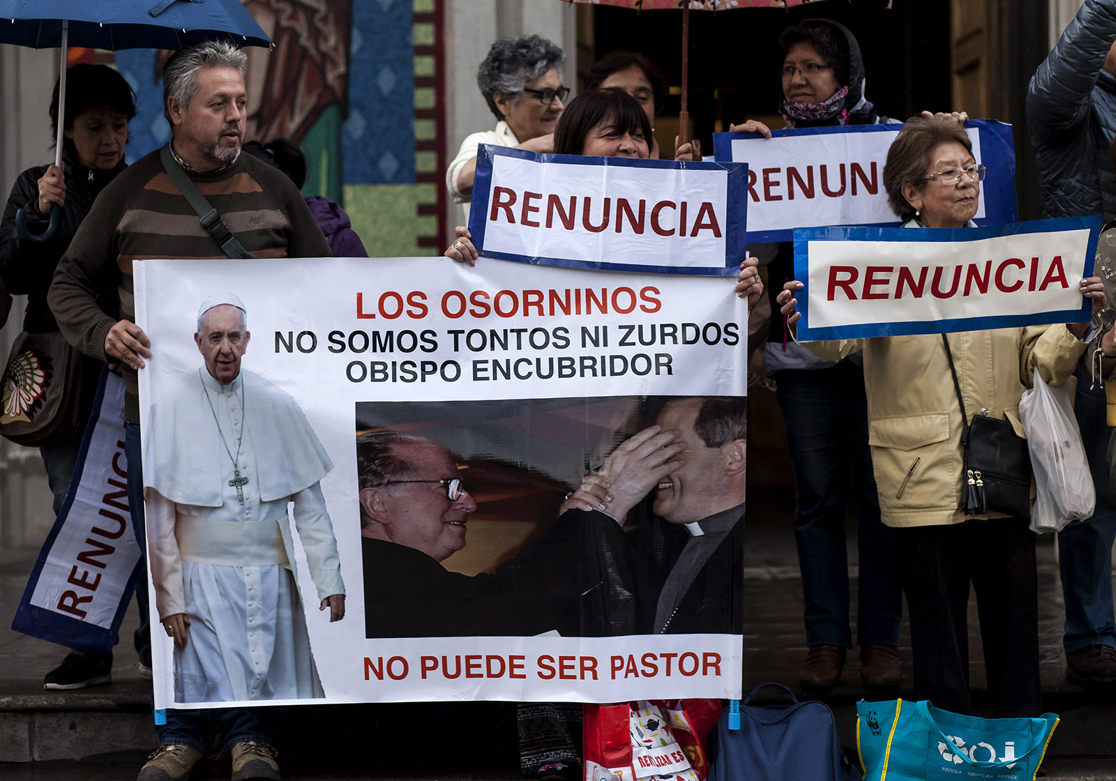 Catholics protesting in Osorno, Chile, on January 4, 2018, against Bishop Juan Barros, who was appointed in 2015 by Pope Francis despite accusations of his having protected a pedophile priest