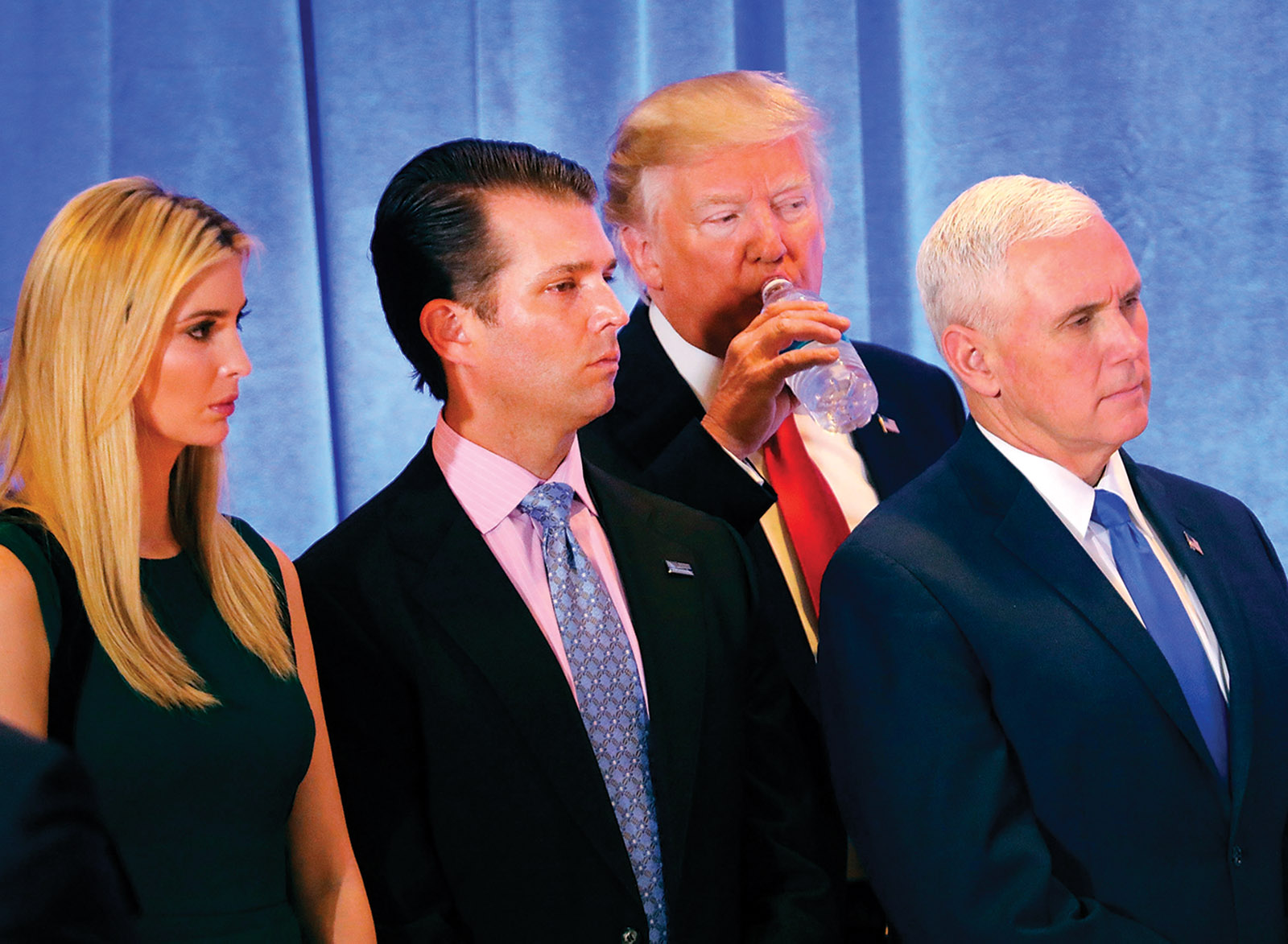 President-elect Donald Trump with Ivanka Trump, Donald Trump Jr., and Vice President–elect Mike Pence at a news conference at Trump Tower, New York City, January 2017