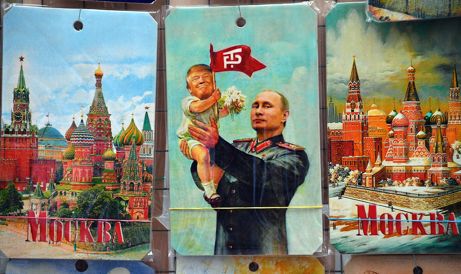 Pictures for sale at a souvenir kiosk in Moscow, Russia, July 2017